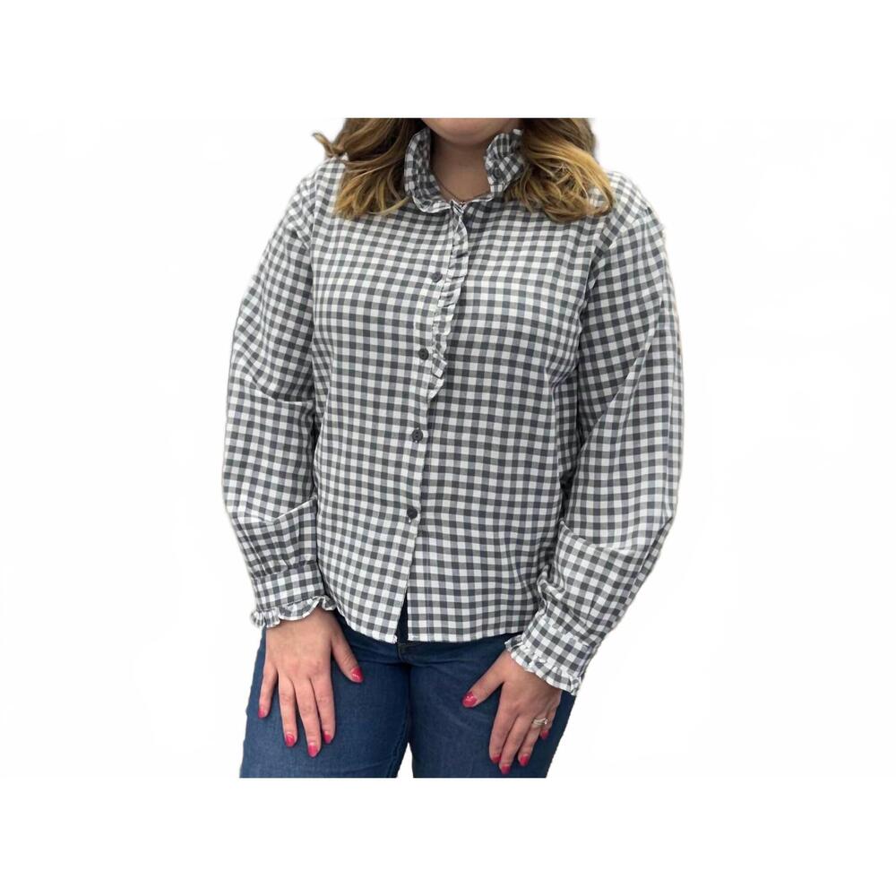 NEW ROSA CLOTHING gingham check plaid ruffled detail blouse in grey
